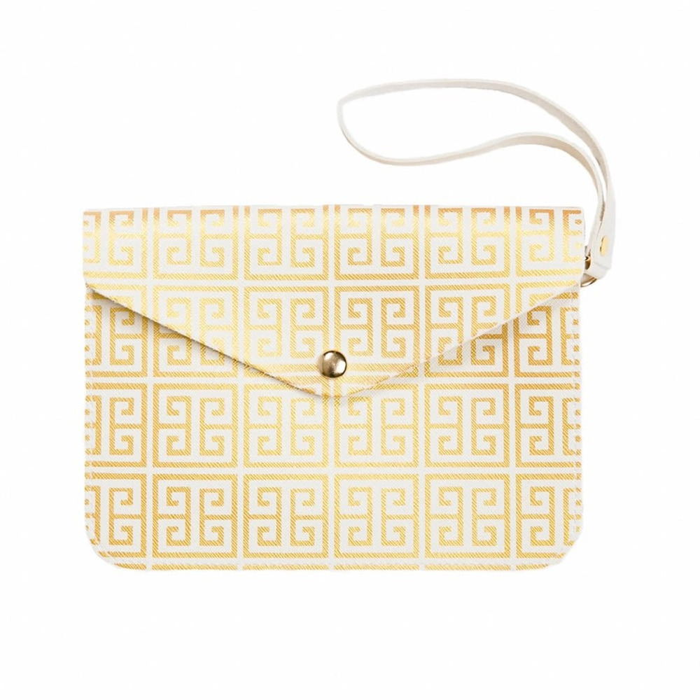 Georgia Wristlet Crossbody Ivory with Gold Design Greek Key